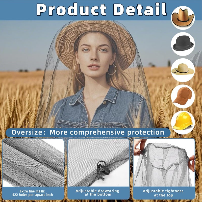 JayruiMice Oversized Mosquito Net 42 x 25 Inches Ultra Large Mosquito Head Net Face Neck Fly Mesh Netting Fits All Hats for Outdoor Camping Hiking Fishing Gardening Safari(Light Gray) - Image 3
